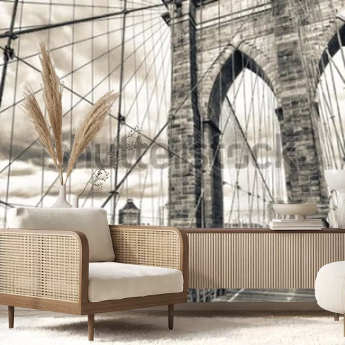 Fototapete Prächtige Struktur der Brooklyn Bridge mit Sonnenuntergangshimmel - NYC