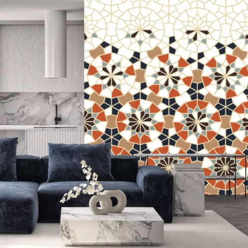 Sticker Islamic vector seamless pattern. Geometric halftone texture with color tile disintegration or breaking