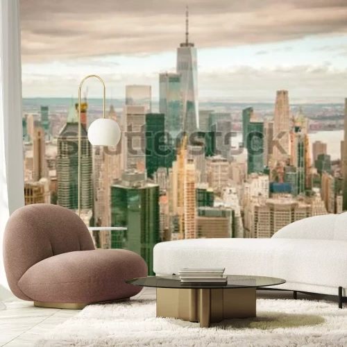 Fototapete Helicopter view of Downtown Manhattan skyscrapers, New York City.