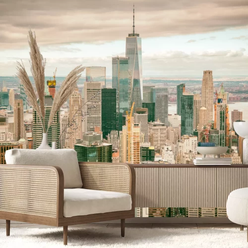 Fototapete Helicopter view of Downtown Manhattan skyscrapers, New York City.