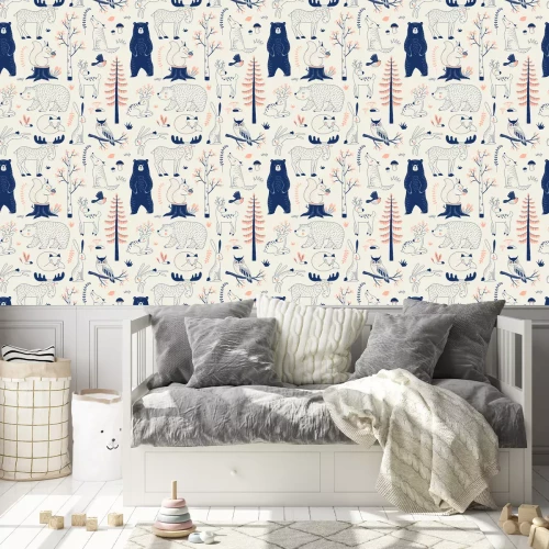 Tapete Nahtloses Vektormuster des Herbstwaldes. Waldlandschaft mit Bärenhirschhase Wolf Elchfuchs Eule Eichhörnchen Kreaturen wiederholbaren Hintergrund. Woodland kindischer Druck im skandinavischen dekorati