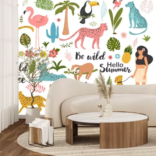 Sticker Tropical exotic set with leaf, leopards, parrot, toucan, palm tree and quotes. Wild animals and birds. Summer vector illustration.