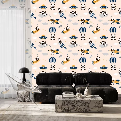 Tapete Kindliches nahtloses Pandamuster mit handgezeichneten Raumelementen Raum, Rakete, Stern, UFO, Fallschirm. Netter Bär, der im Himmelkinderzimmer fliegt, ungewöhnliches Geschenkpapier. Dekorativer Druck