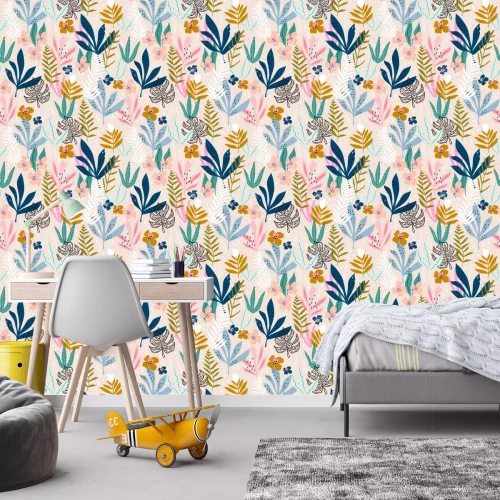 Tapete Abstraktes Muster mit bunten Blumen und Blättern