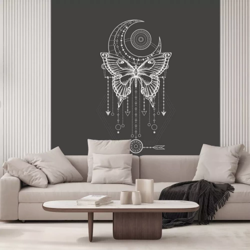 Sticker Vector illustration with hand drawn butterfly and Sacred geometric symbol on black background. Abstract mystic sign.