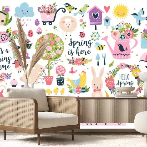 Sticker Sammlung farbenfroher fröhlicher vom Frühling inspirierter Grafiken