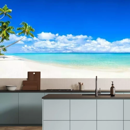 Fototapete Beautiful tropical island with palm trees and beach panorama as background image