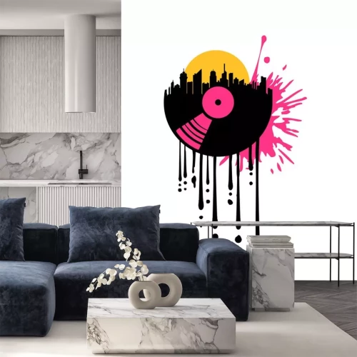 Sticker Vinyl-Schallplatte mit einem bunten Panorama der Stadt