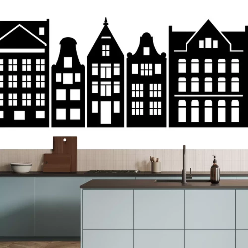 Sticker Set of Amsterdam style houses. Laser cut silhouette. Stylized facades of dutch buildings in old European fashion. Wood carving vector template. Urban landscape in black and white. Paper cut, die cut.