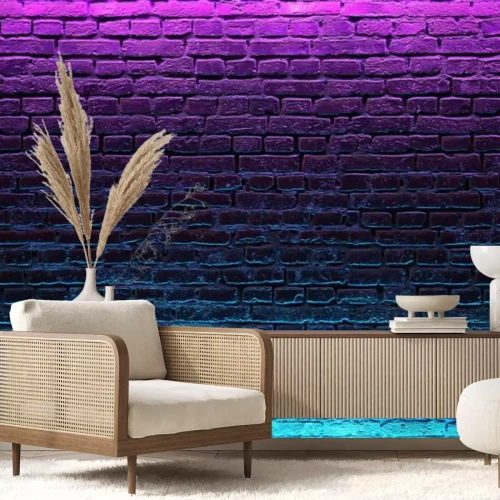 Fototapete Modern futuristic neon lights on old grunge brick wall room background. 3d rendering