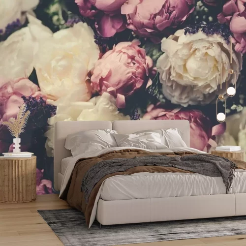 Fototapete Vintage bouquet of pink and white peonies. Floristic decoration. Floral background. Baroque old fashiones style image. Natural flowers pattern wallpaper or greeting card