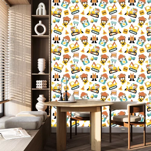 Tapete Seamless pattern of construction vehicle cartoon with funny animals woorker