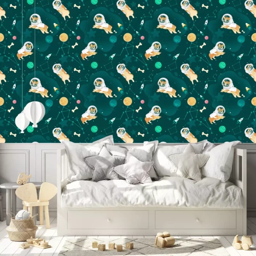 Tapete Seamless pattern with Welsh Corgi dogs flying in open space cartoon style