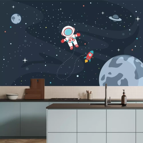 Sticker Astronaut Mond Planeten und Raumschiff