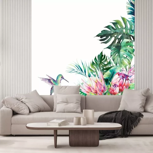 Sticker Watercolor humming bird template. Hand drawn card design with colibri, exotic leaves and branches isolated on white background. Palm tree, banana leaves, mostera plants