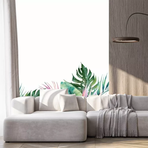 Fototapete Hand drawn greeting card design with exotic leaves and protea flowers isolated on white background. Palm tree, banana leaves, mostera plants