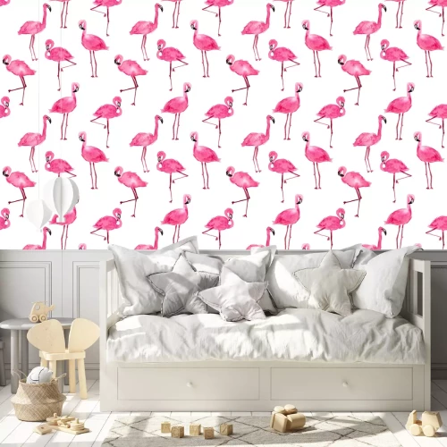 Tapete Motiv mit Aquarell-Flamingos auf weißem Hintergrund