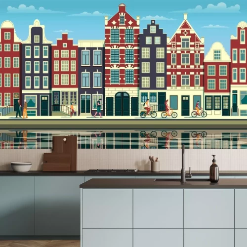 Sticker A street in Amsterdam with traditional buildings, walking people and reflections in the water