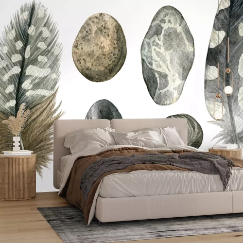 Sticker Gezeichneter Satz des Aquarells Hand graue Vogelfedern und -kiesel. Bunte Boho-Sammlung lokalisiert auf weißem Hintergrund