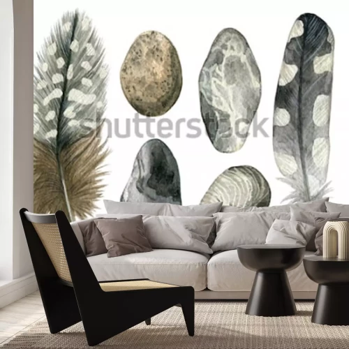 Sticker Gezeichneter Satz des Aquarells Hand graue Vogelfedern und -kiesel. Bunte Boho-Sammlung lokalisiert auf weißem Hintergrund