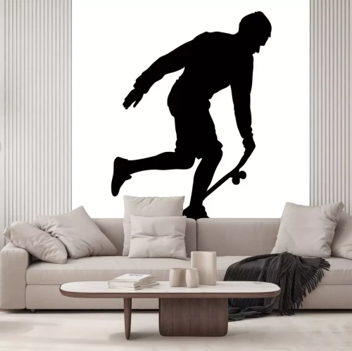 Sticker Black silhouette of skateboarder isolated on white background. The guy runs with the board. Skateboarder jumps on the board. skateboarding illustration.