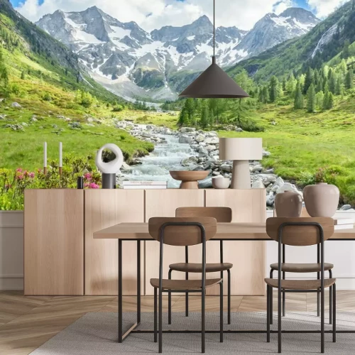 Fototapete Fluss mit Berglandschaft im Hintergrund