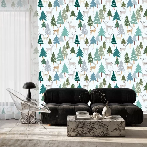 Tapete Nahtloses Weihnachtsmuster, weißer Hintergrund. Waldhirsch, grüne Tanne, Fichten. Vektorillustration. Naturdesign. Saisongruß digitales Papier. Winterweihnachtsferien. Niedliche Waldtiere