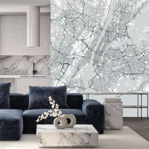 Sticker New York City (NYC, NY) map. Light poster with map of New York City (New York, United States). Highly detailed map of The "Big Apple" with water objects, roads, railways, etc. Printable poster.