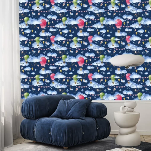 Tapete Watercolor pattern with balloons and clouds