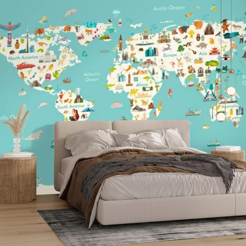 Fototapete World map vector illustration. Landmarks, sight and animals hand draw icon. World vector poster for children, cute illustrated. Travel concept card