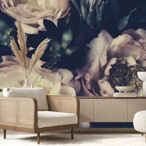 Fototapete Nahaufnahme eines Pfingstrosenstraußes im Retro-Stil