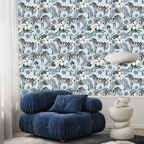 Tapete Tropical zebra, palm leaves, hibiscus, passion flowers bouquets, light blue background. Vector seamless pattern. Graphic illustration. Exotic jungle. Summer beach floral design. Paradise nature