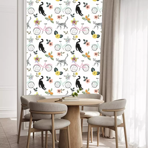 Tapete Nette Katzen, Fahrräder und Blumenelemente, weißer Hintergrund. Vektor nahtloses Muster. Haustiere und Blumen. Naturdruck. Digitale Illustration mit Tieren