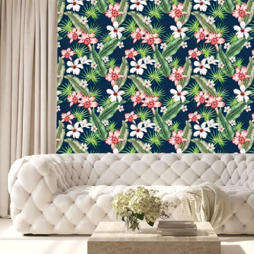 Tapete Tropische rosa Orchidee, weiße Hibiskusblüten, Bananenpalmenblätter, Marinehintergrund. Vektor nahtloses Muster. Dschungellaubillustration. Exotische Pflanzen. Blumenmuster des Sommerstrandes. Paradie