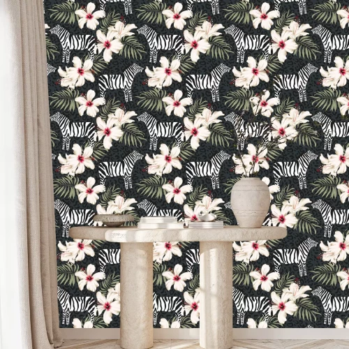 Tapete Zebras Leopardentupfen und tropische Pflanzen