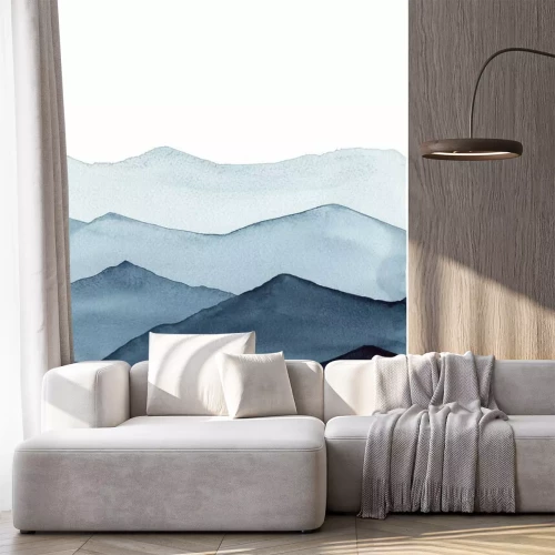 Sticker Abstract indigo blue watercolor waves mountains on white background