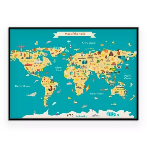 Poster Eine Cartoon-Weltkarte mit Tieren und Ländersymbolen