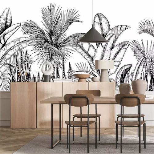 Sticker Gestrüpp von tropischen Pflanzen schwarz-weiße Zeichnung