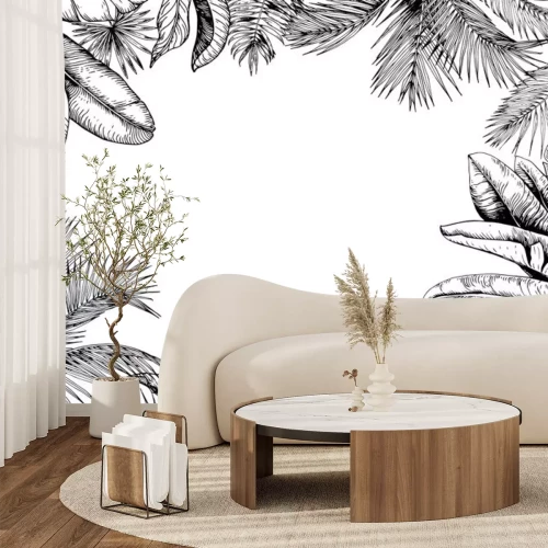 Sticker Schwarz-weißer Rahmen mit Blättern von tropischen Pflanzen