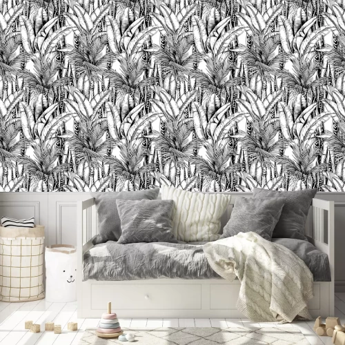 Tapete Schwarz-weiße Blätter aus den Tropen