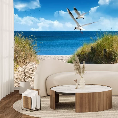 Fototapete Über Strand fliegendes Möwenpaar