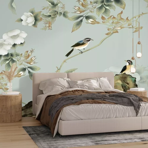 Fototapete Vögel sitzen auf Zweigen mit weißen Blüten