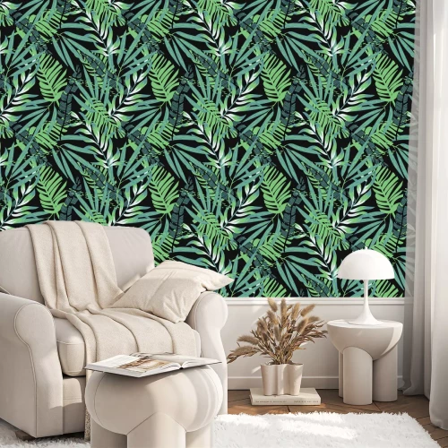 Tapete Abstraktes nahtloses Muster mit bunten tropischen Blättern und Pflanzen auf schwarzem Hintergrund. Vektordesign. Dschungeldruck. Blumiger Hintergrund. Druck und Textilien. Exotische Tropen. Sommerdesi