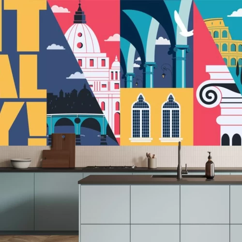 Sticker Italy vector skyline illustration, postcard. Travel to Italy, Rome