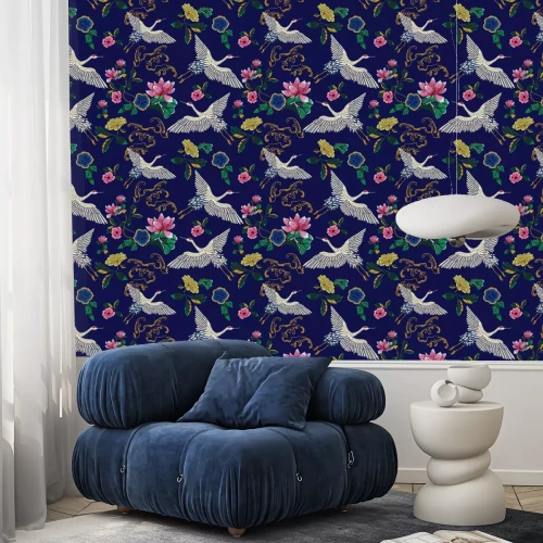 Tapete Kraniche im Flug und Blumen