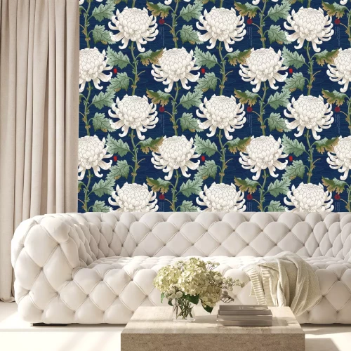 Tapete Seamless background with Japanese chrysanthemums and ornament on backdrop. Inscription Autumn garden of chrysanthemums.