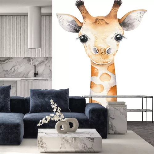 Sticker A poster with a baby giraffe. Watercolor cartoon giraffetropical animal illustration. Jungle exotic summer print.