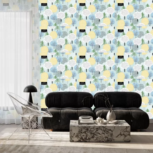 Tapete Nettes Vektormuster von Winterbäumen, Fichte und Schnee. Hintergrund für die Feiertage des neuen Jahres und Weihnachten. Von Hand gezeichneter Wald