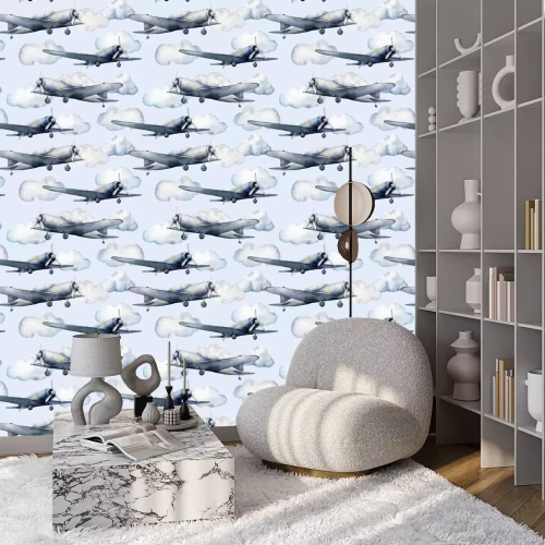 Tapete Aquarell-Flugzeuge vor dem Hintergrund eines blauen Himmels mit Wolken