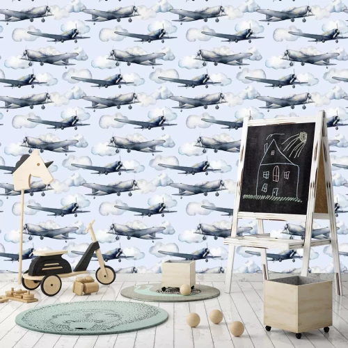 Tapete Aquarell-Flugzeuge vor dem Hintergrund eines blauen Himmels mit Wolken